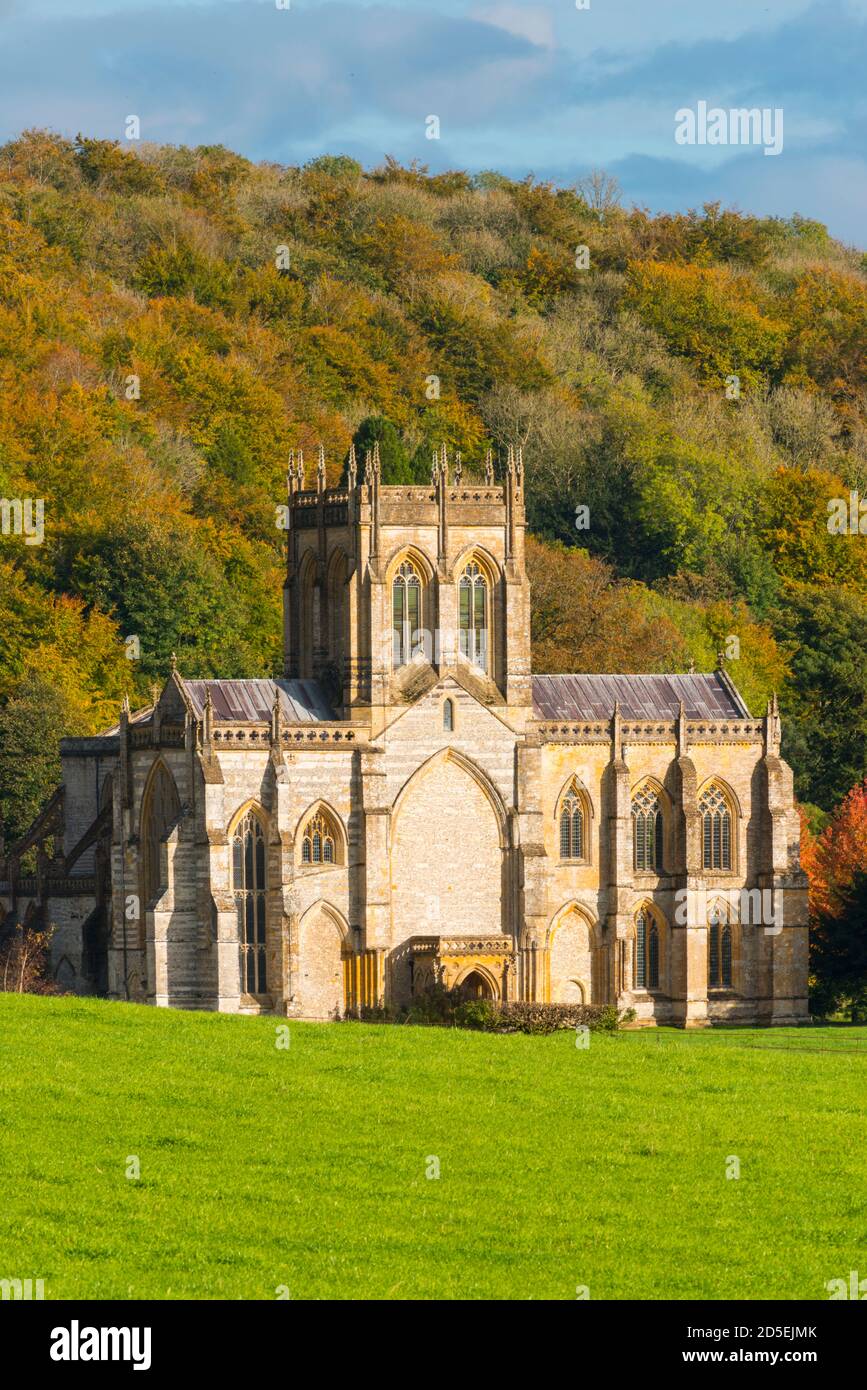 Milton Abbas, Dorset, Royaume-Uni. 13 octobre 2020. Météo Royaume-Uni. Les arbres boisés sont dans leurs couleurs d'automne derrière l'abbaye historique de Milton à Milton Abbas à Dorset, lors d'une après-midi de chaudes périodes ensoleillées. Crédit photo : Graham Hunt/Alamy Live News Banque D'Images