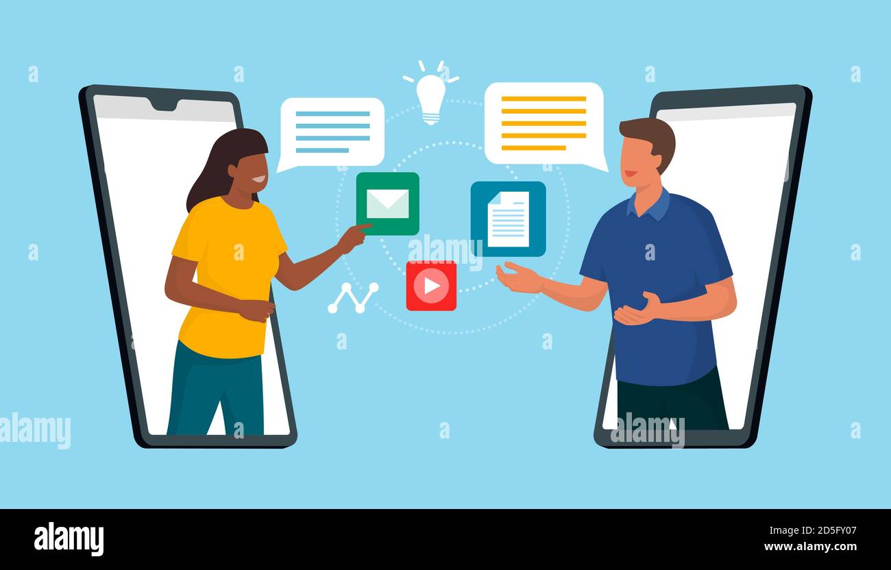 Les utilisateurs de réseaux sociaux qui se connectent en ligne sur leur smartphone, ce sont des appels vidéo et le partage de fichiers, la technologie et le concept de communication Illustration de Vecteur