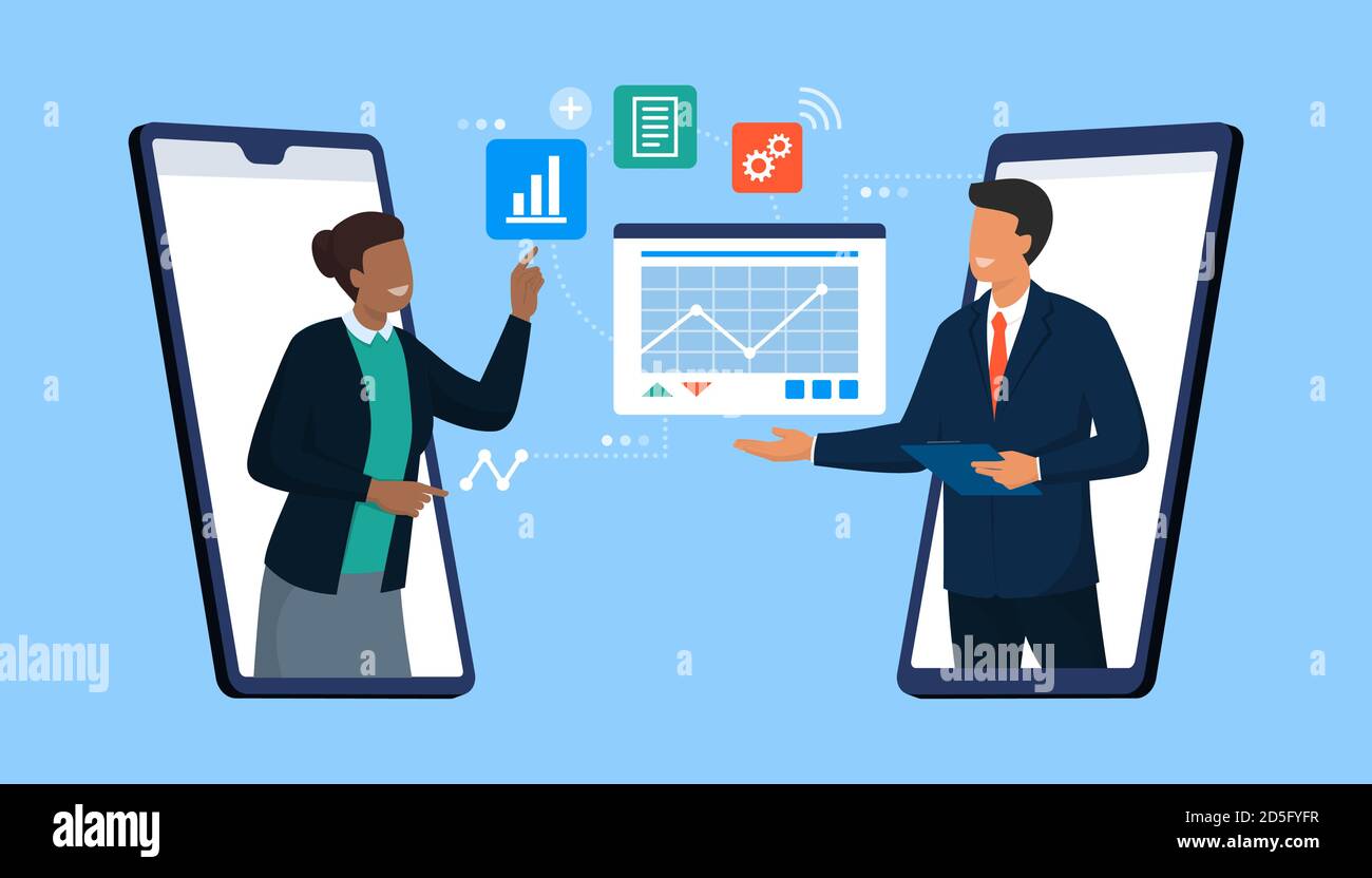 Des professionnels en confiance se connectent en ligne et partagent des fichiers sur leur smartphone, travaillent à distance et utilisent le concept de visioconférence Illustration de Vecteur