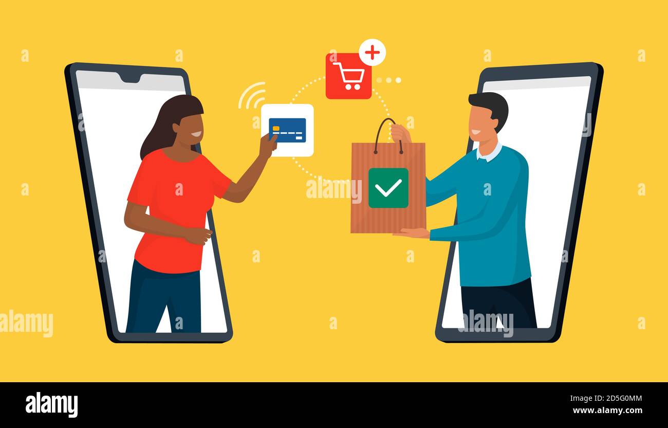Femme faisant des achats en ligne et des paiements sur son smartphone, un homme fournit un sac d'achats avec son produit Illustration de Vecteur