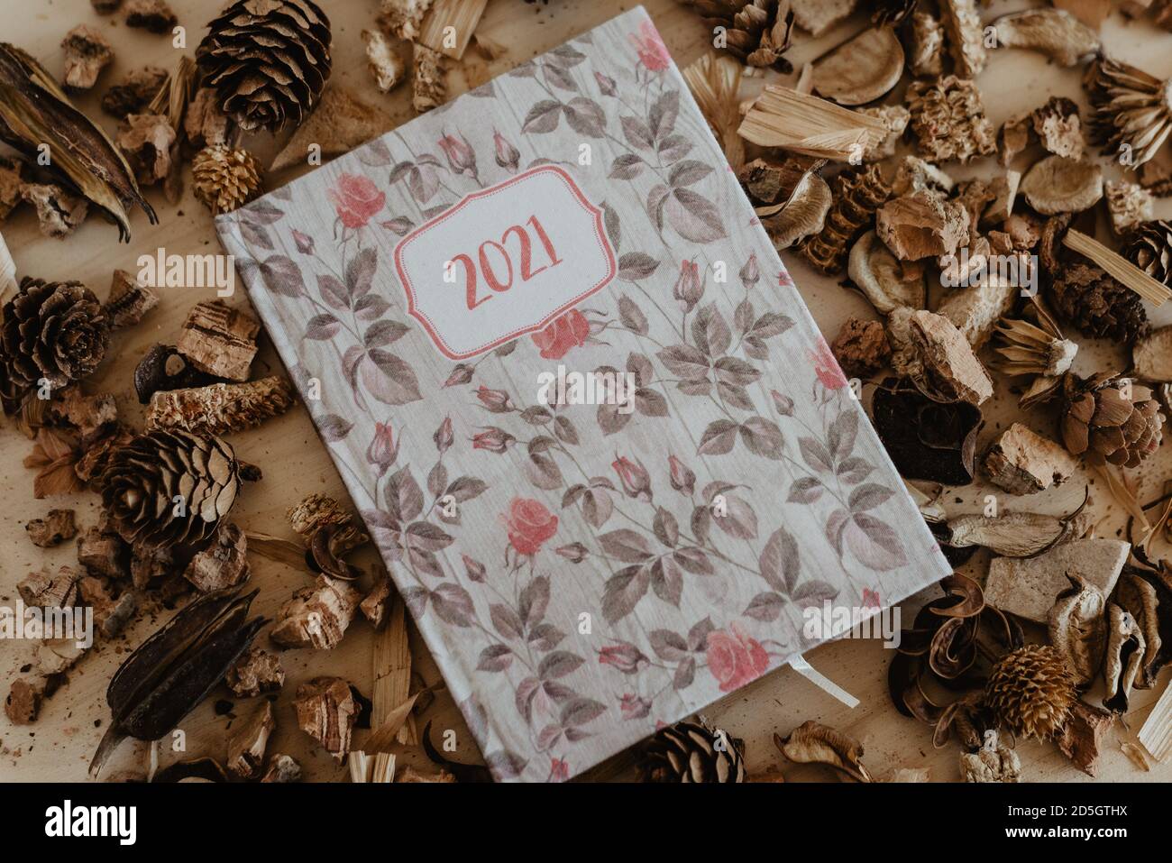 programme 2021 avec fruits et fleurs bruns séchés autour. Banque D'Images