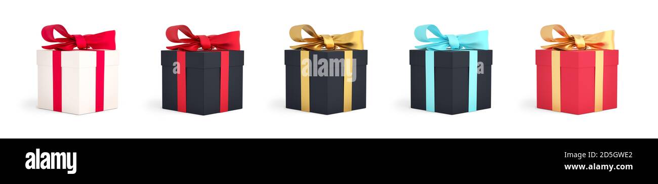 Boîte cadeau avec ruban isolé sur fond blanc. Ensemble de cadeaux pour noël, Saint-Valentin, anniversaire ou mariage. Rendu 3D Banque D'Images