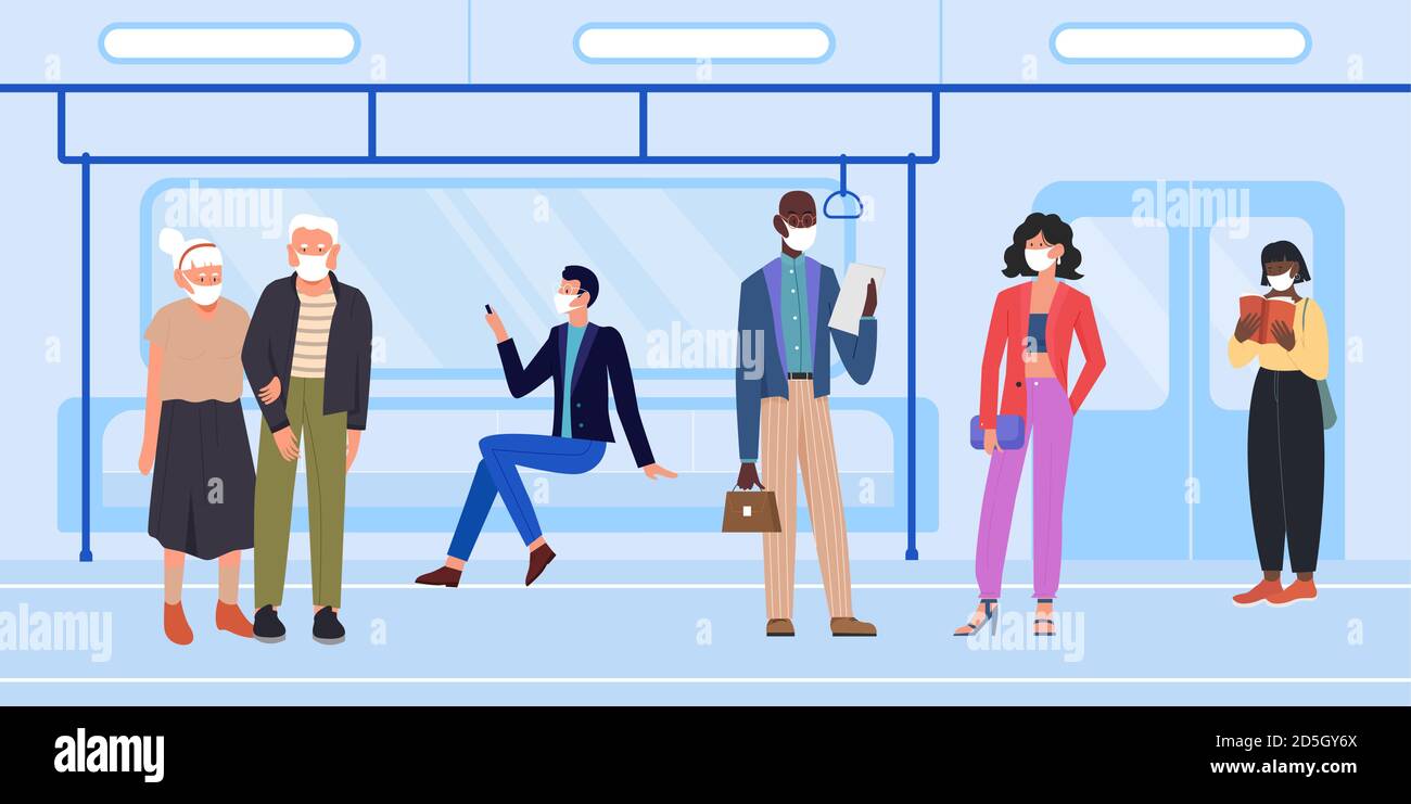 Les personnes dans le masque voyagent en métro illustration du vecteur. Caricature homme femme personnages protéger le visage avec masque, debout, assis sur des sièges dans le métro de train, masque de protection dans les transports publics arrière-plan Illustration de Vecteur