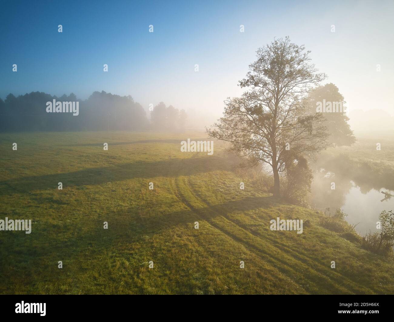 Lever de soleil brumeux d'automne. Une aube colorée et brumeuse. Scène rurale d'automne. Petite rivière avec arbres dans la prairie et le champ, Biélorussie Banque D'Images