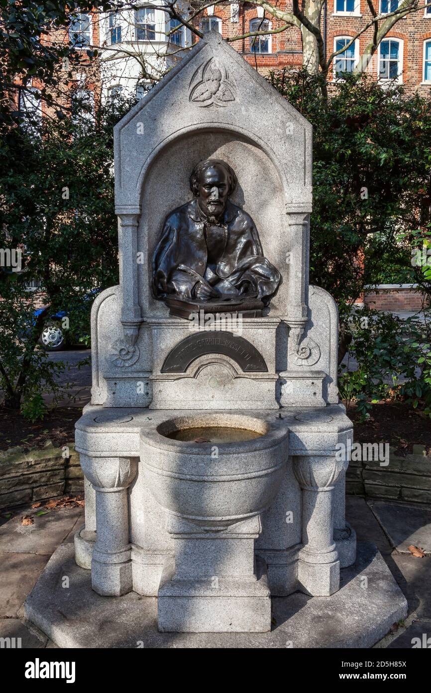 Dante Gabriel Rossetti statue commémorative fontaine à boire dévoilée en 1887 À côté de la Tamise à Cheyne, marchez Chelsea, Londres, Angleterre Royaume-Uni qui était un Banque D'Images