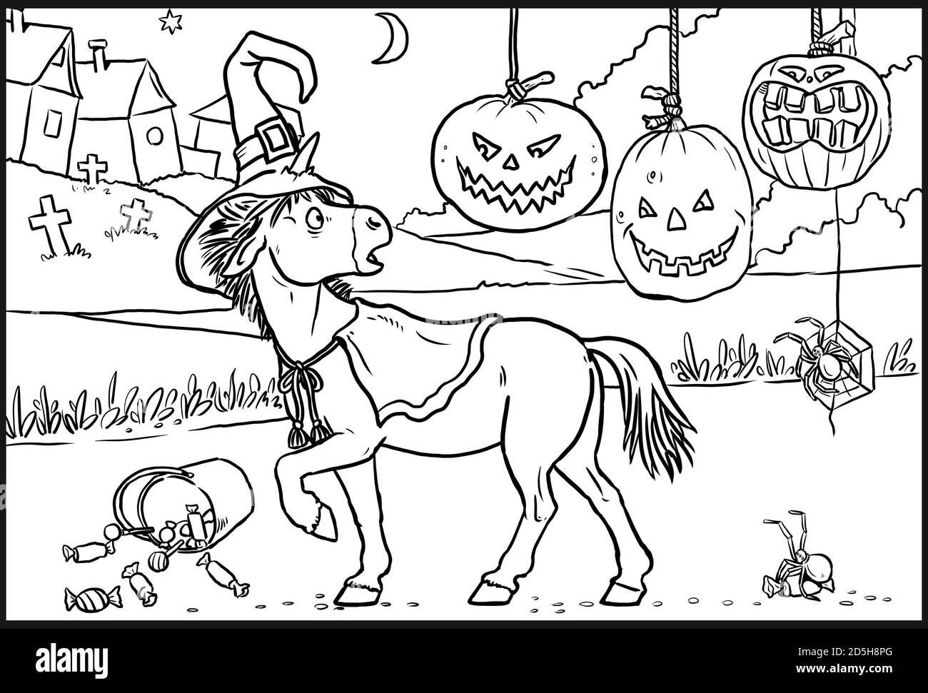 licorne drôle et citrouilles d'halloween à colorier. Page de coloriage pour les amateurs de chevaux. Banque D'Images