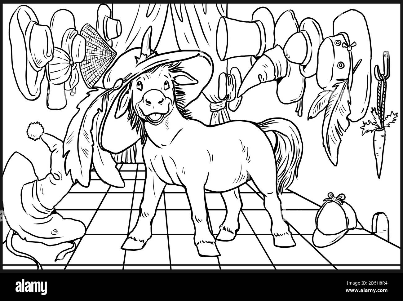 UNICORN drôle en faisant des achats de coloriage. Page de coloriage pour les enfants et les amateurs de chevaux. Banque D'Images