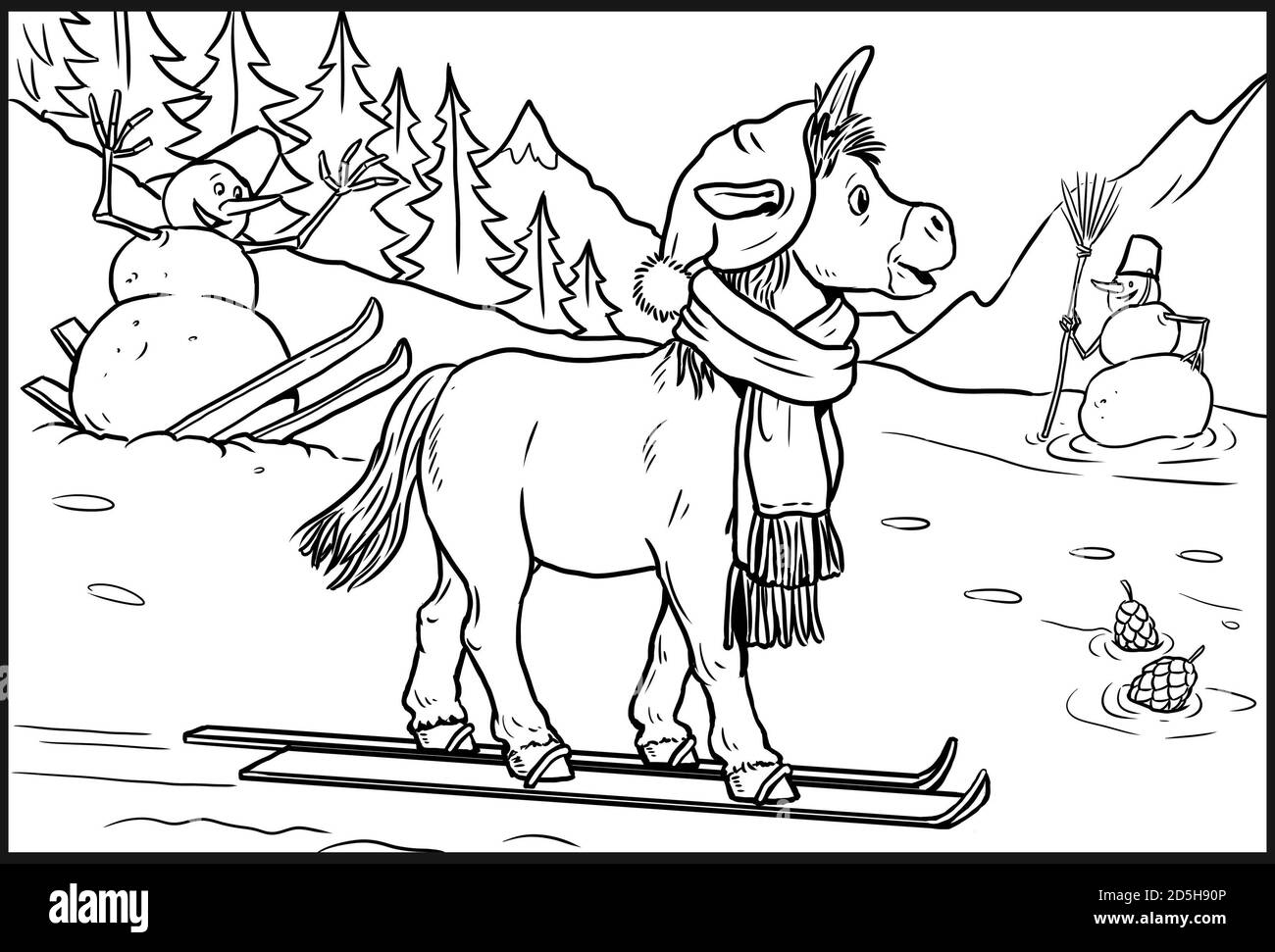 Drôle de ski licorne pour colorier. Page de coloriage pour les enfants et les amateurs de chevaux. Banque D'Images