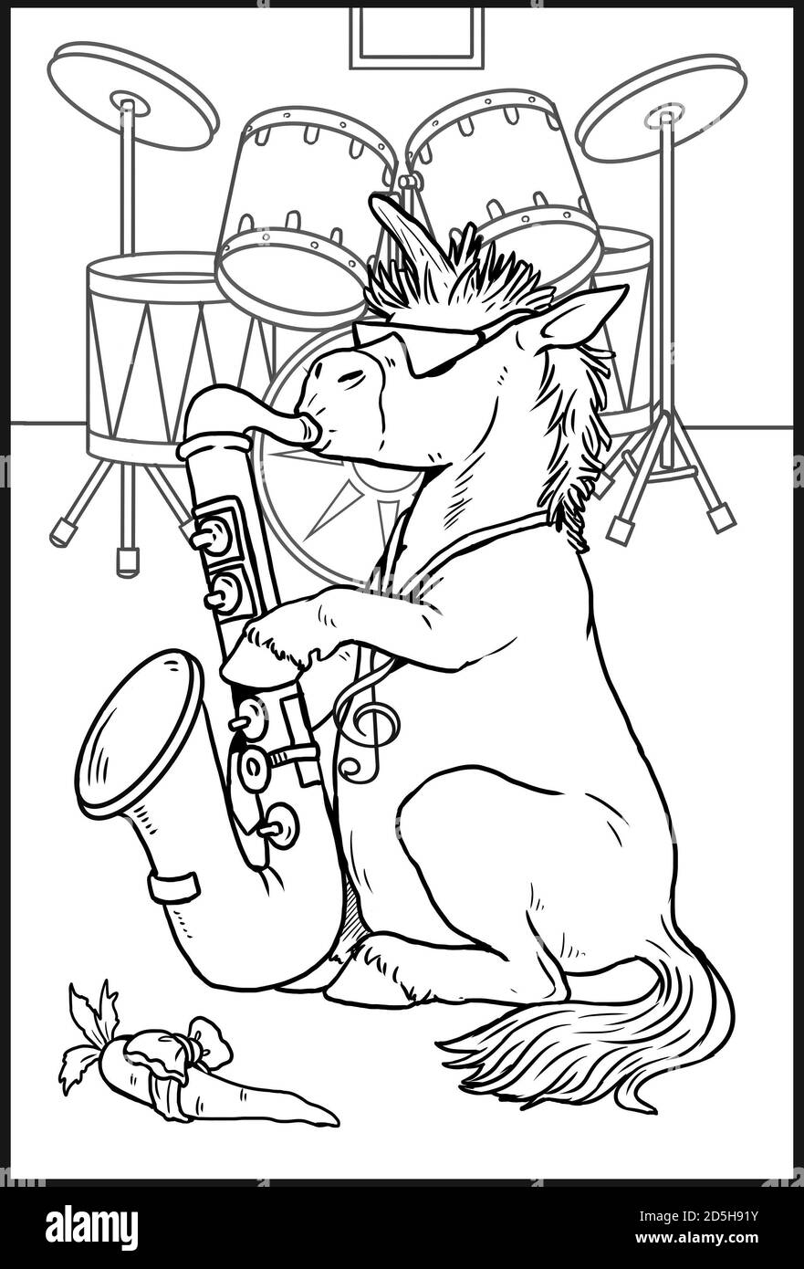 Drôle unicorn avec saxophone joue du jazz. Page de coloriage pour les enfants et les amateurs de chevaux. Banque D'Images