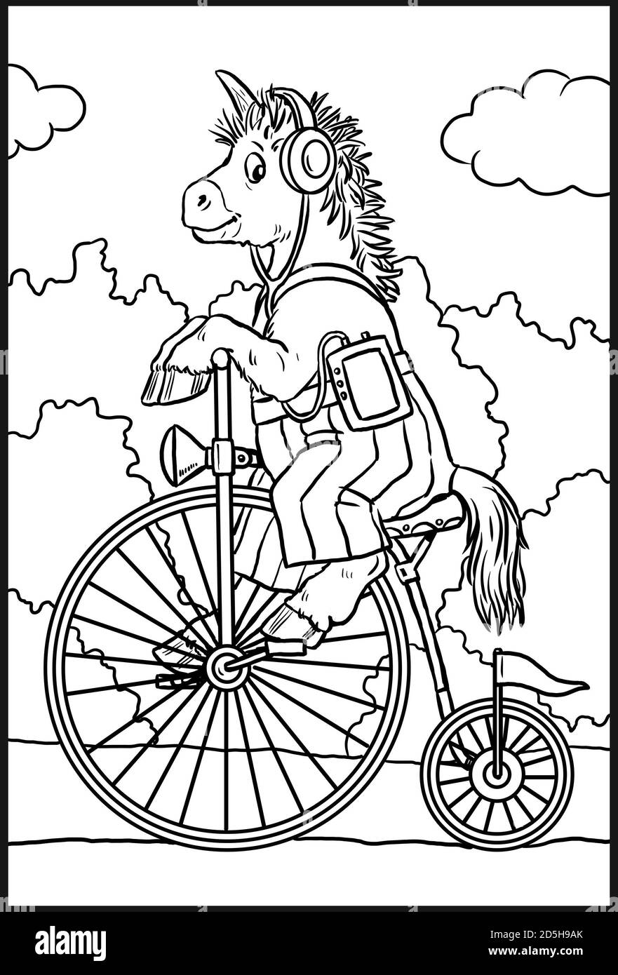 Une Licorne Amusante Sur Le Velo Pour Colorier Page De Coloriage Pour Les Amateurs De Chevaux Photo Stock Alamy