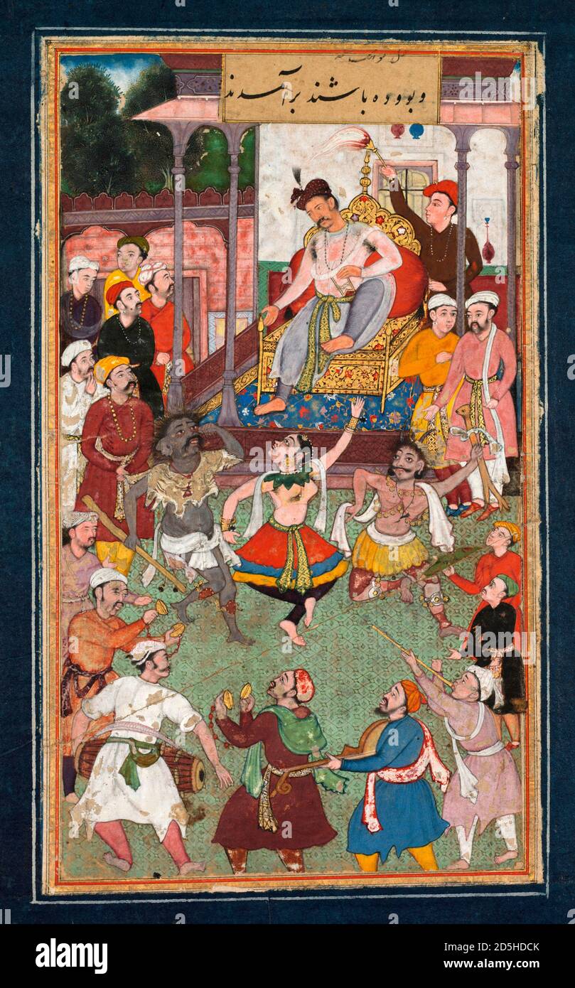 Des danseurs grotesques se produisent, vers 1600. Inde, période mughole sous-impériale, début du XVIIe siècle. Banque D'Images