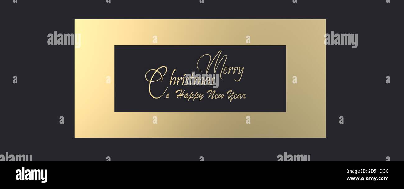 Design de luxe or et noir. Texte doré Joyeux Noël bonne année sur fond noir. Bannière horizontale. Rendu 3D Banque D'Images