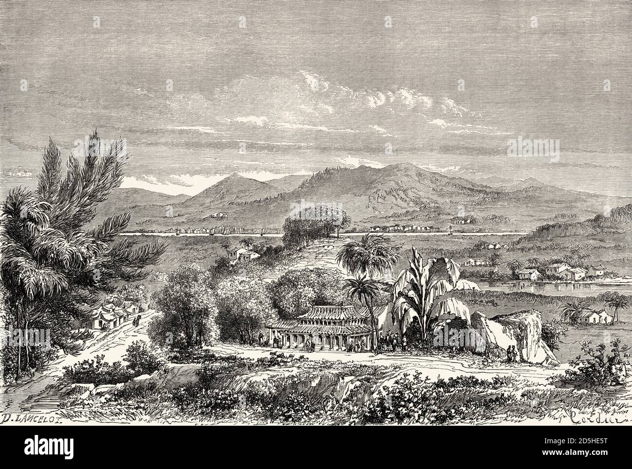 Vue sur la vallée de min près de su-Tscieu, Chine. Voyage gravé du XIXe siècle de Shanghai à Moscou le Tour du monde 1864 Banque D'Images