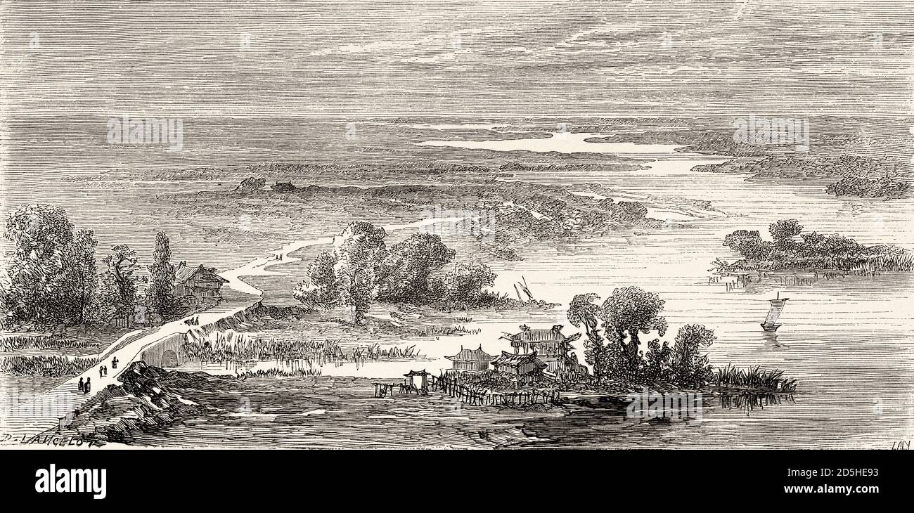 Le fleuve Hai coule entre Beijing et Tianjin, en Chine. Voyage gravé du XIXe siècle de Shanghai à Moscou le Tour du monde 1864 Banque D'Images