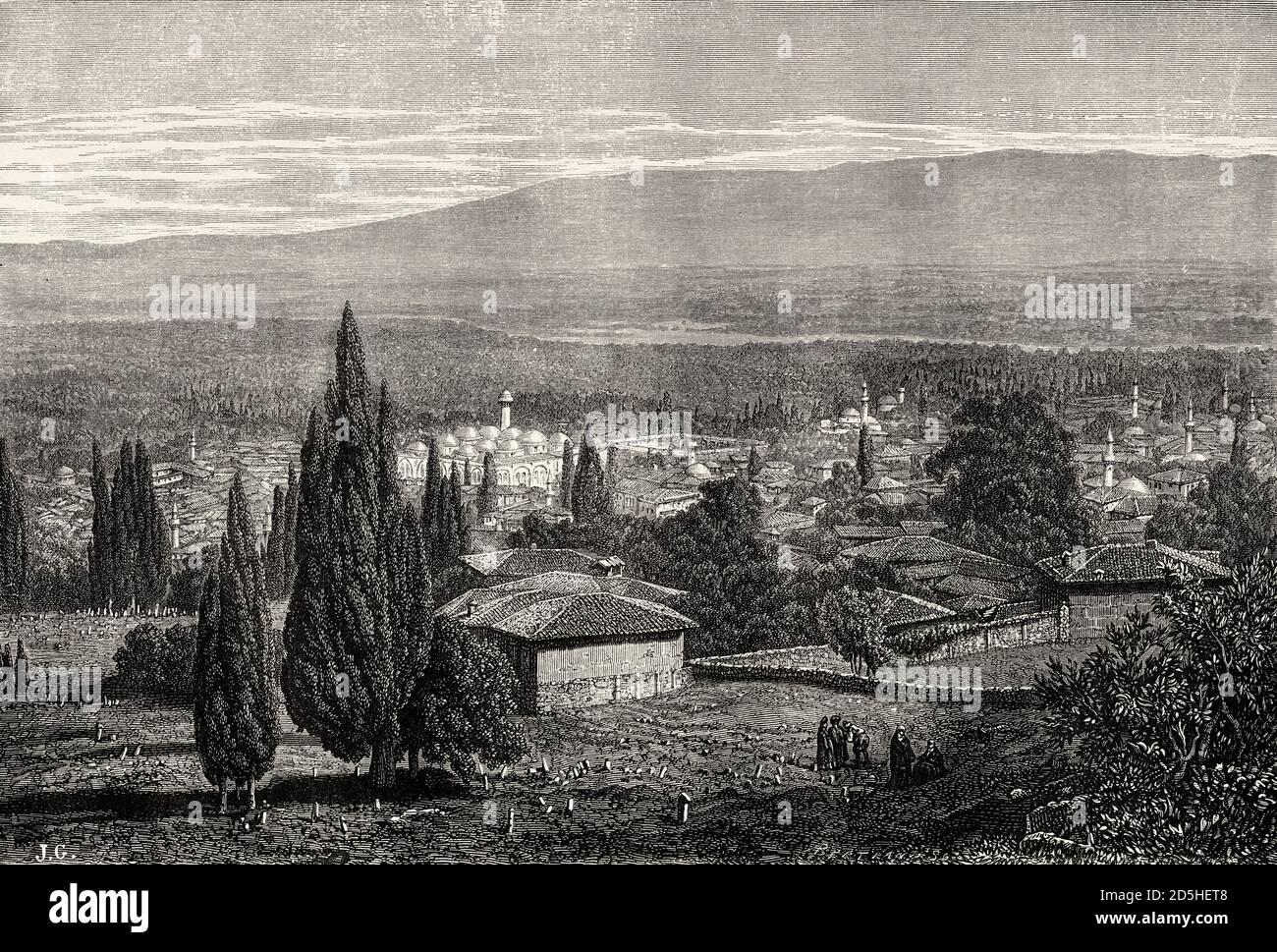 Vue sur la Grande Mosquée de Bursa depuis les pentes d'Uludag, Turquie. Vieux XIX siècle gravé du Tour du monde 1864 Banque D'Images