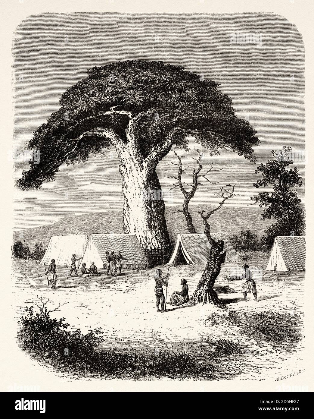 Campement d'Ougogo pendant l'expédition du capitaine Speke vers la source du Nil, Tanzanie, Afrique. Vieux XIX siècle gravé du Tour du monde 1864 Banque D'Images