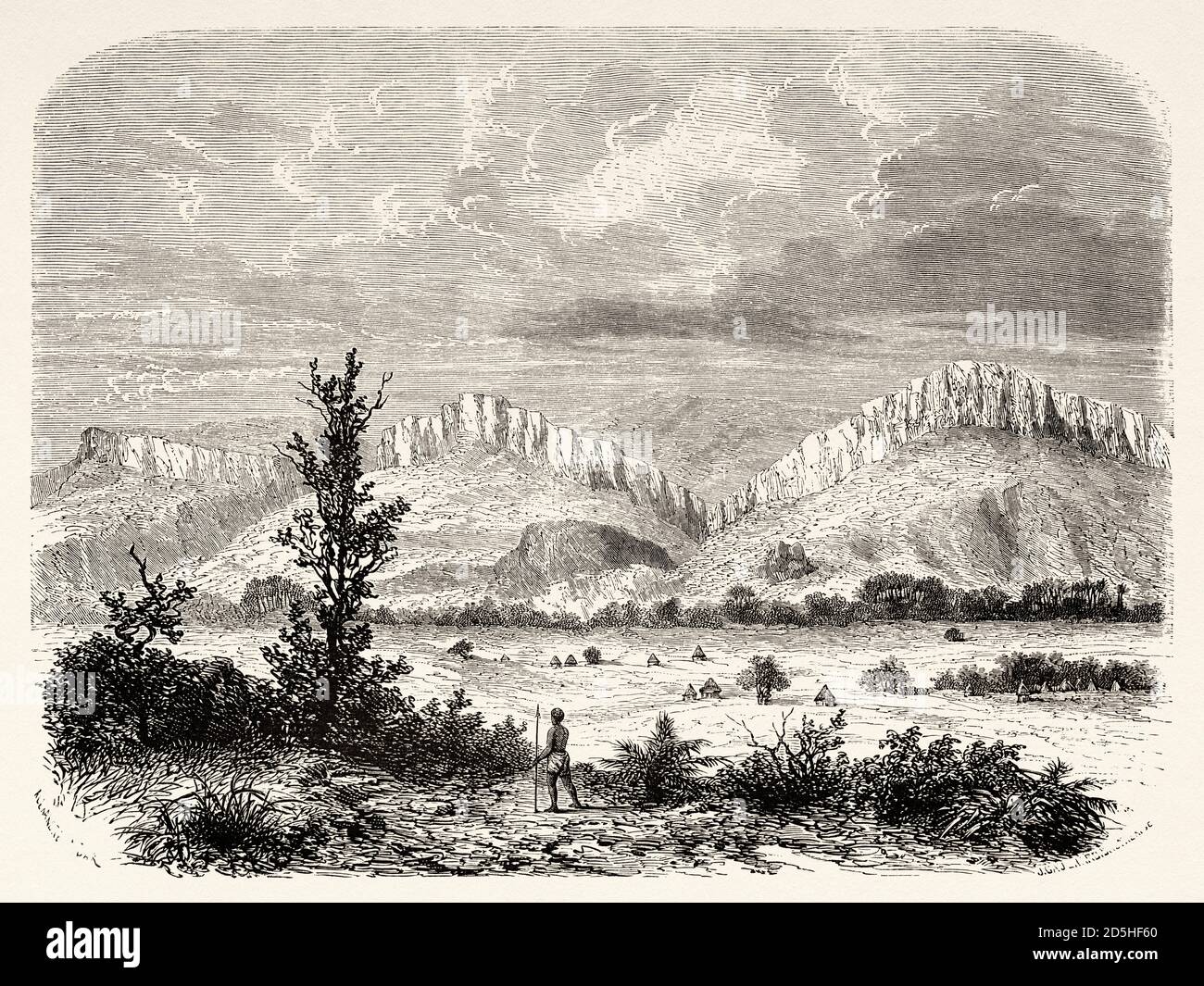 Vallée d'Outhoungu, sud du Soudan, Afrique. Vieux XIX siècle gravé du Tour du monde 1864 Banque D'Images