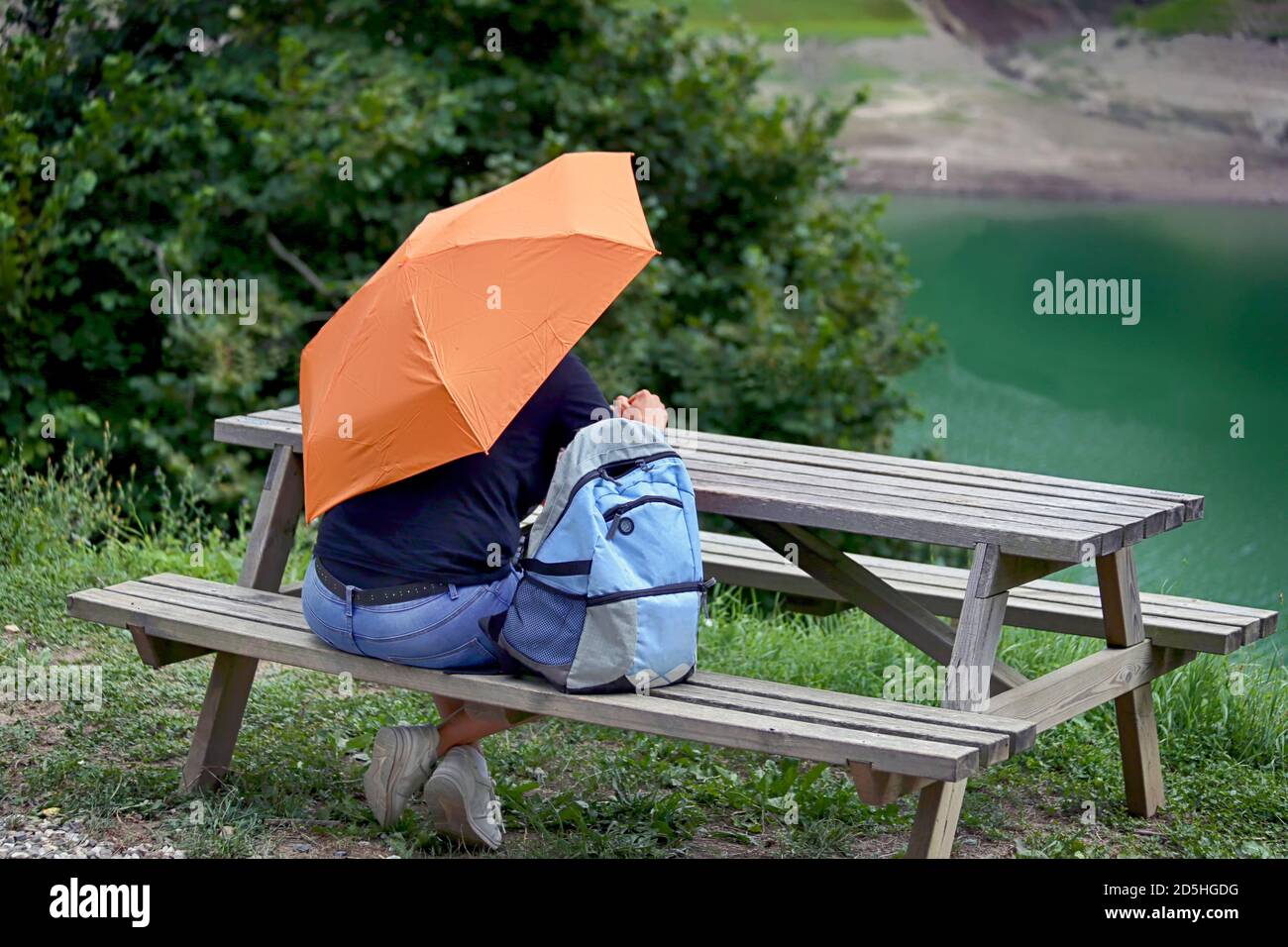 Vue arrière d'un homme avec un parapluie ouvert et un sac à dos qui s'assoit à une table de pique-nique en bois sur une pelouse verte avec des arbres et un lac en arrière-plan. Banque D'Images