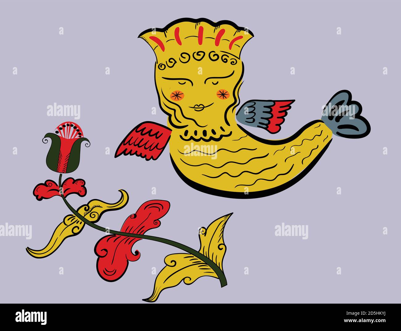 Oiseau folklorique traditionnel vectoriel avec fleur sur fond gris Illustration de Vecteur