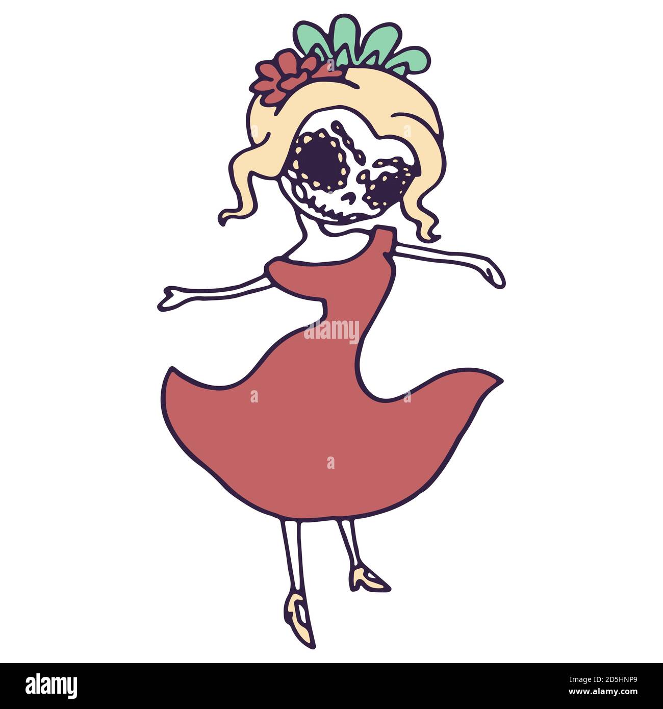 Femme latino dansant sur fond blanc isolé. Symbole du jour de la mort pour une invitation ou une carte-cadeau, un bloc-notes, une tuile de bain, un album, un étui de téléphone ou un caillot Illustration de Vecteur