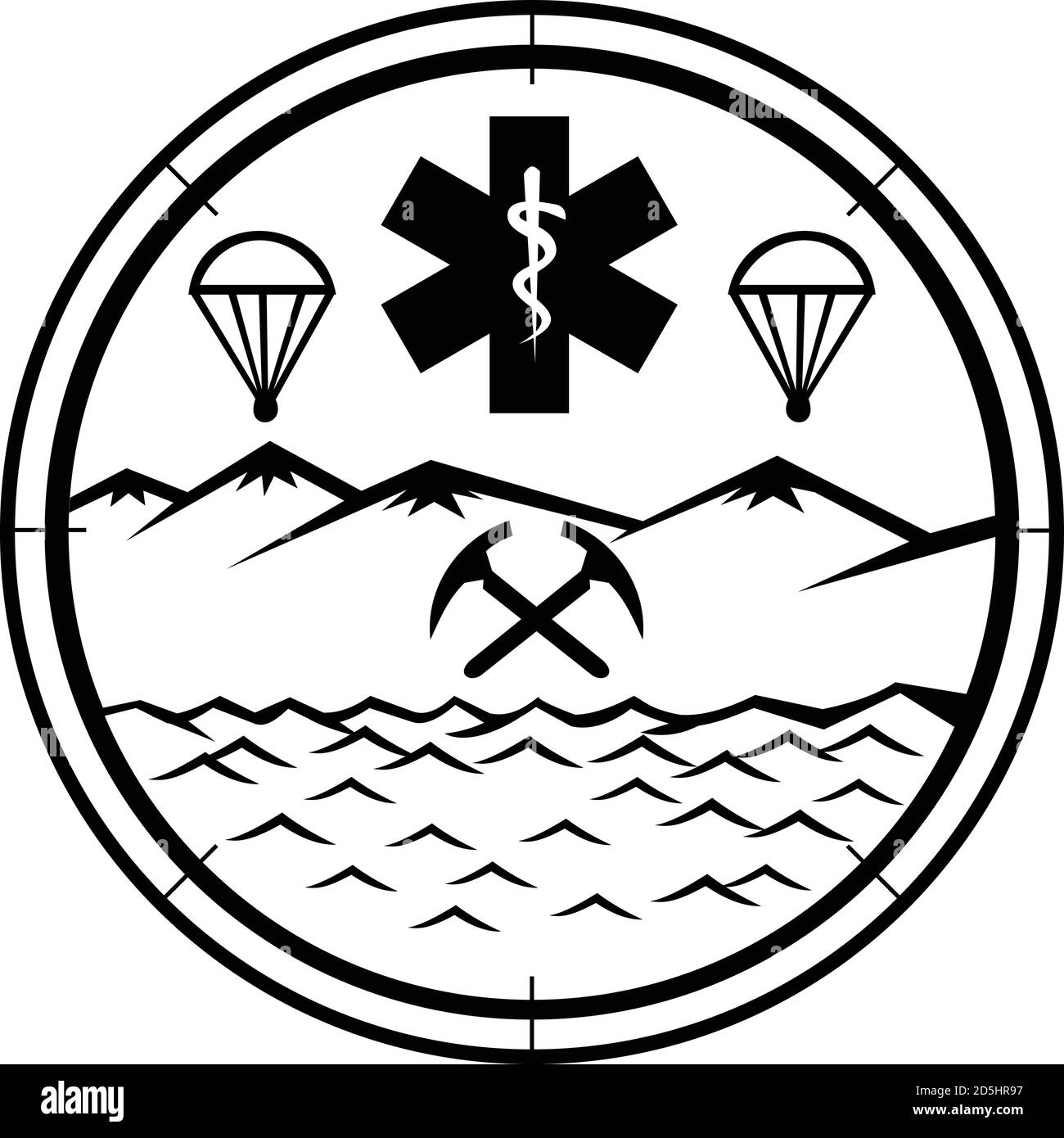 Mascotte icône illustration de la terre, mer et sauvetage aérien montrant étoile de la vie symbole EMT avec la tige d'Asclepius au centre avec des axes de sélection croisés, para Illustration de Vecteur