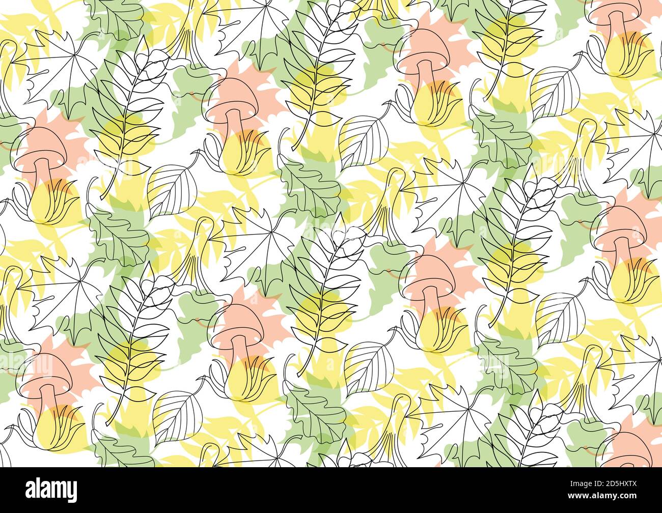 Motif automnal sans couture, style linéaire avec quelques feuilles et champignons. Illustration de Vecteur