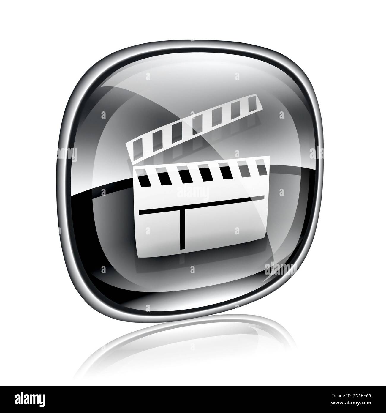film clapperboard icône verre noir, isolé sur fond blanc. Banque D'Images