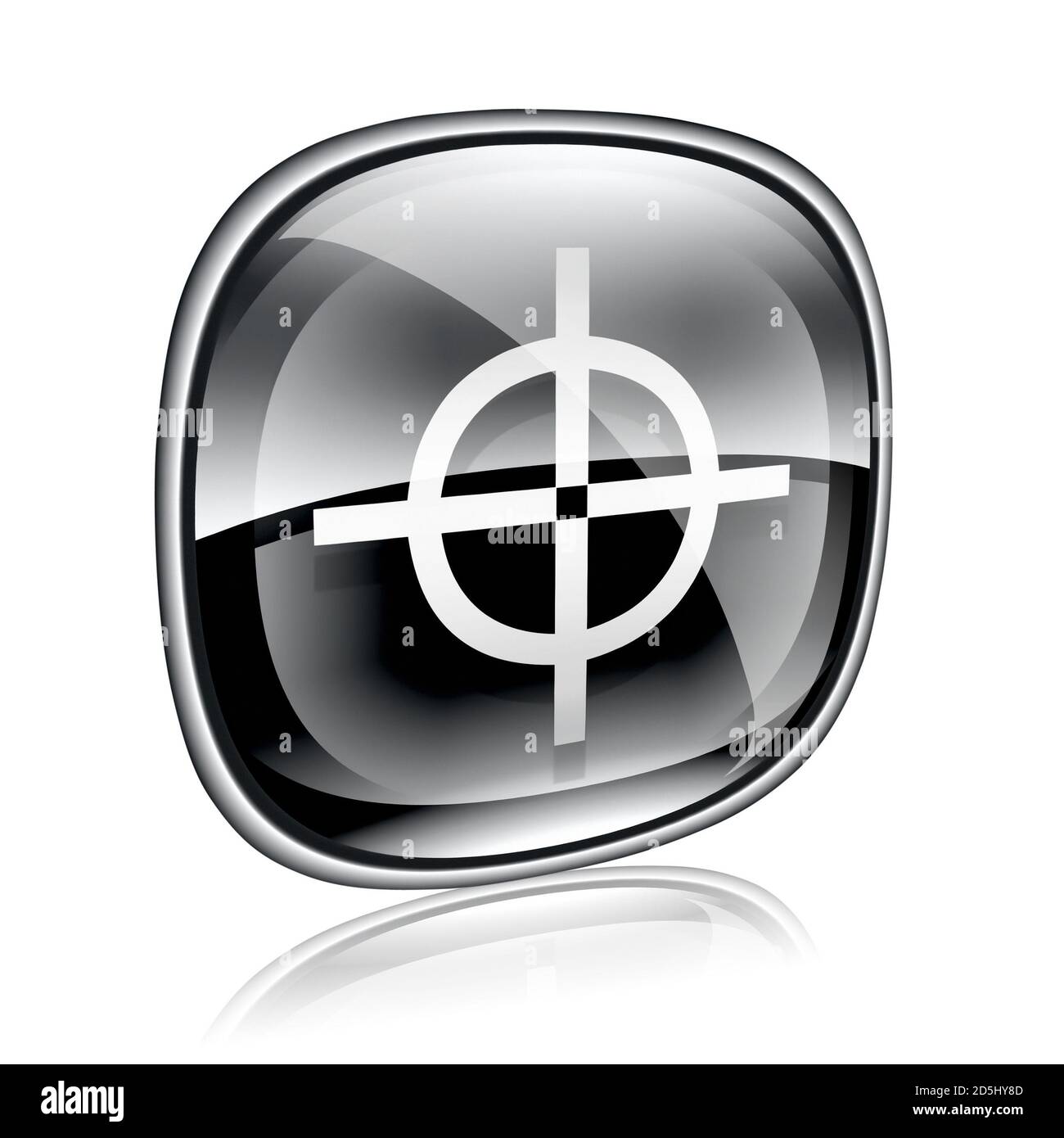 icône cible en verre noir, isolée sur fond blanc. Banque D'Images