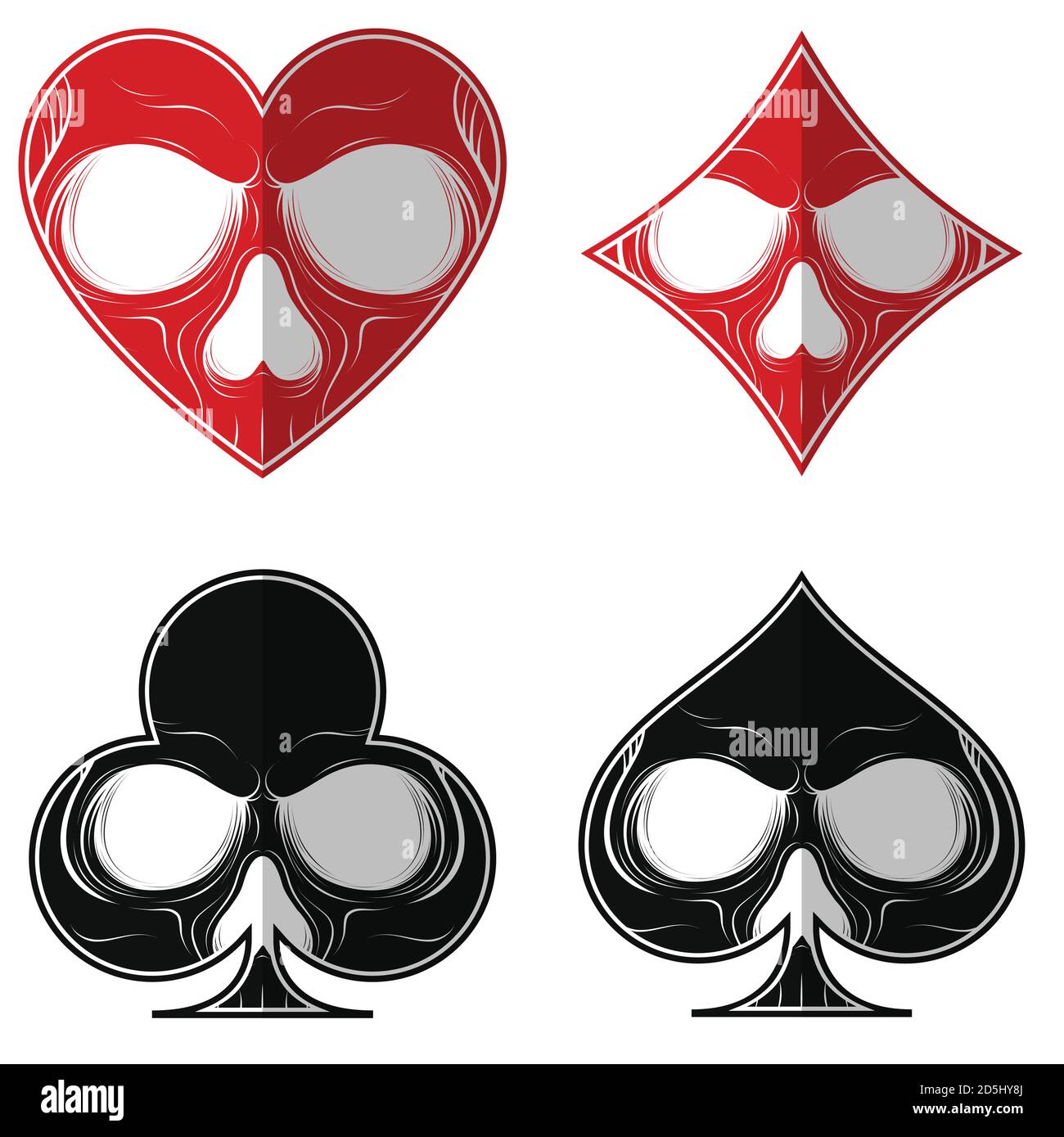 Conception vectorielle, crâne avec les quatre symboles de poker, trèfle de diamant de coeur ace, le tout sur fond blanc. Illustration de Vecteur