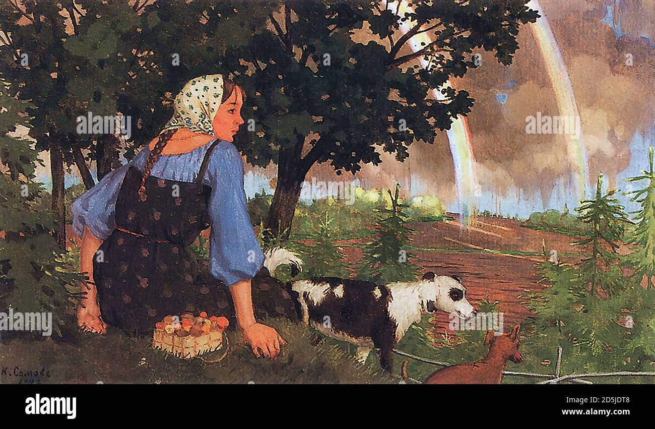 Somov Constantin - fille aux champignons sous l'arc-en-ciel - École russe - 19e siècle Banque D'Images