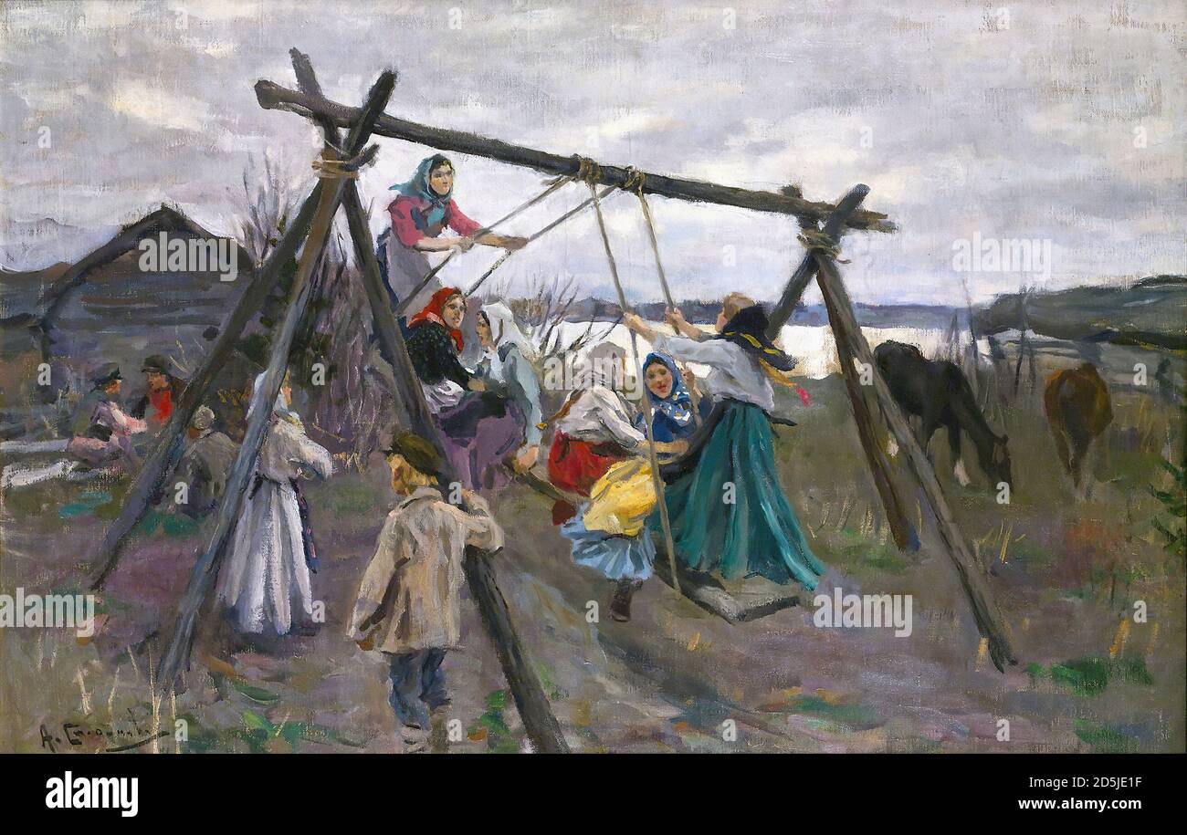 Stepanov Aleksei Stepanovich - The Village Swing - École russe - 19e siècle Banque D'Images