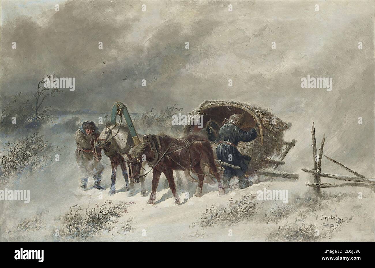 Sverchkov Nichaichai Egorovich - une Troïka dans un Blizzard - École russe - 19e siècle Banque D'Images