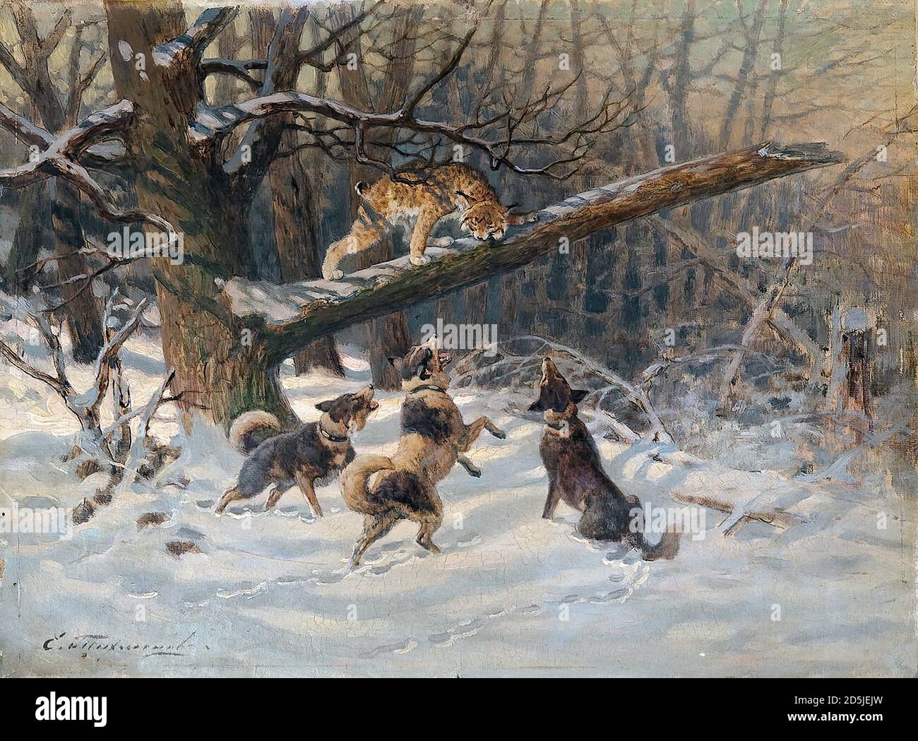 Tikhmenev Efim - chiens conduisant un Lynx - École russe - 19e siècle Banque D'Images