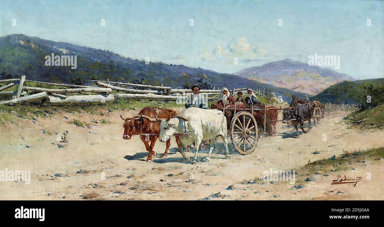 Zommer Richard Karlovich - Ox Carts dans un paysage montagneux - École russe - 19e siècle Banque D'Images