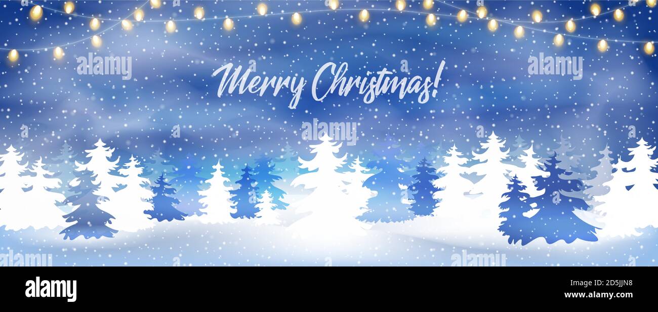 Banderole, affiche ou carte de vœux Merry Christmas, illustration vectorielle de style plat. Carte postale Noël ou nouvel an avec forêt de pins enneigés et festive Illustration de Vecteur