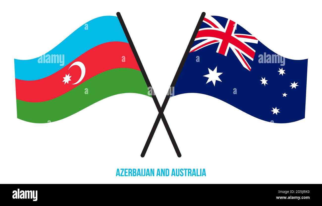 Azerbaïdjan et Australie drapeaux croisés et agitant le style plat. Proportion officielle. Corriger les couleurs. Illustration de Vecteur