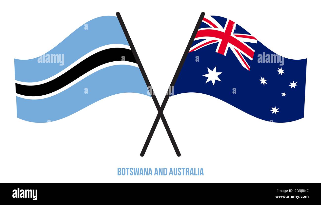 Le Botswana et l'Australie drapeaux croisés et ondulés de style plat. Proportion officielle. Corriger les couleurs. Illustration de Vecteur