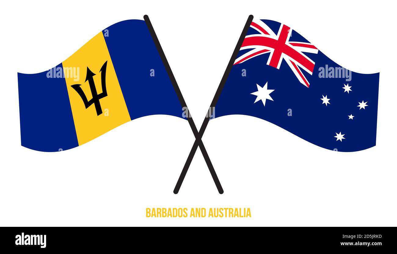 Les drapeaux de la Barbade et de l'Australie sont croisés et ondulés de style plat. Proportion officielle. Corriger les couleurs. Illustration de Vecteur