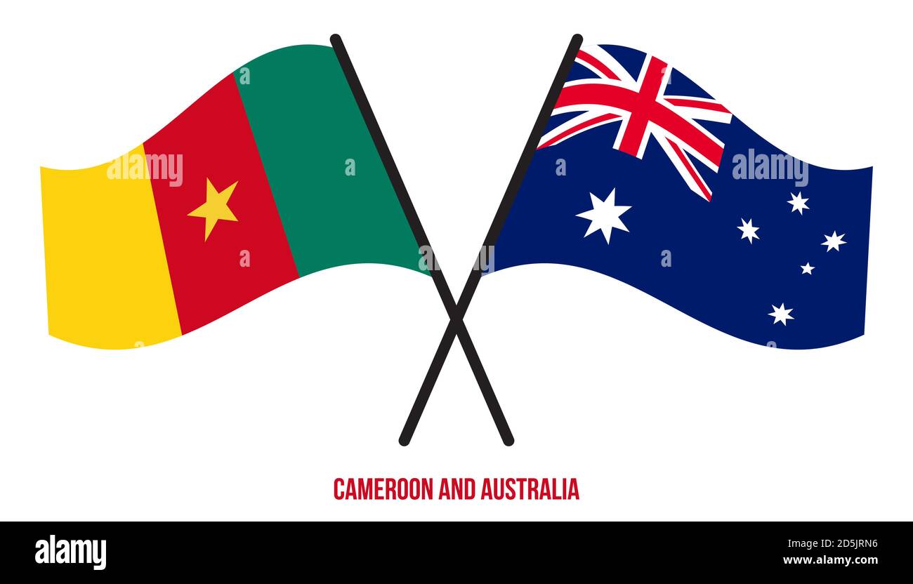 Drapeau du Cameroun et de l'Australie croisé et agité de style plat. Proportion officielle. Corriger les couleurs. Illustration de Vecteur