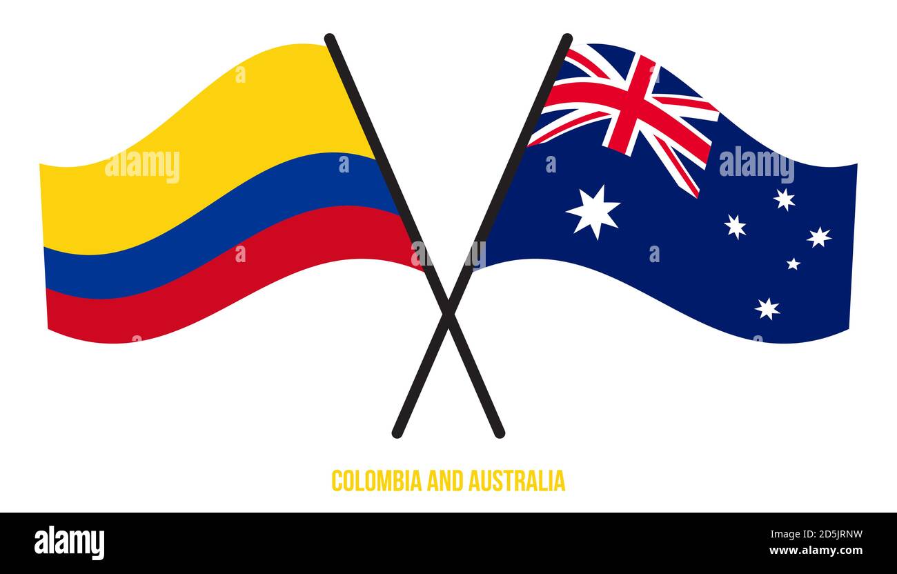 Colombie et Australie drapeaux croisés et ondulant style plat. Proportion officielle. Corriger les couleurs. Illustration de Vecteur