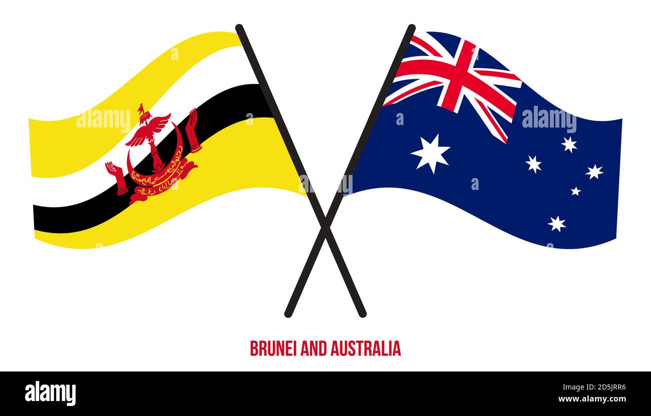 Brunei et l'Australie drapeaux croisés et ondulés de style plat. Proportion officielle. Corriger les couleurs. Illustration de Vecteur