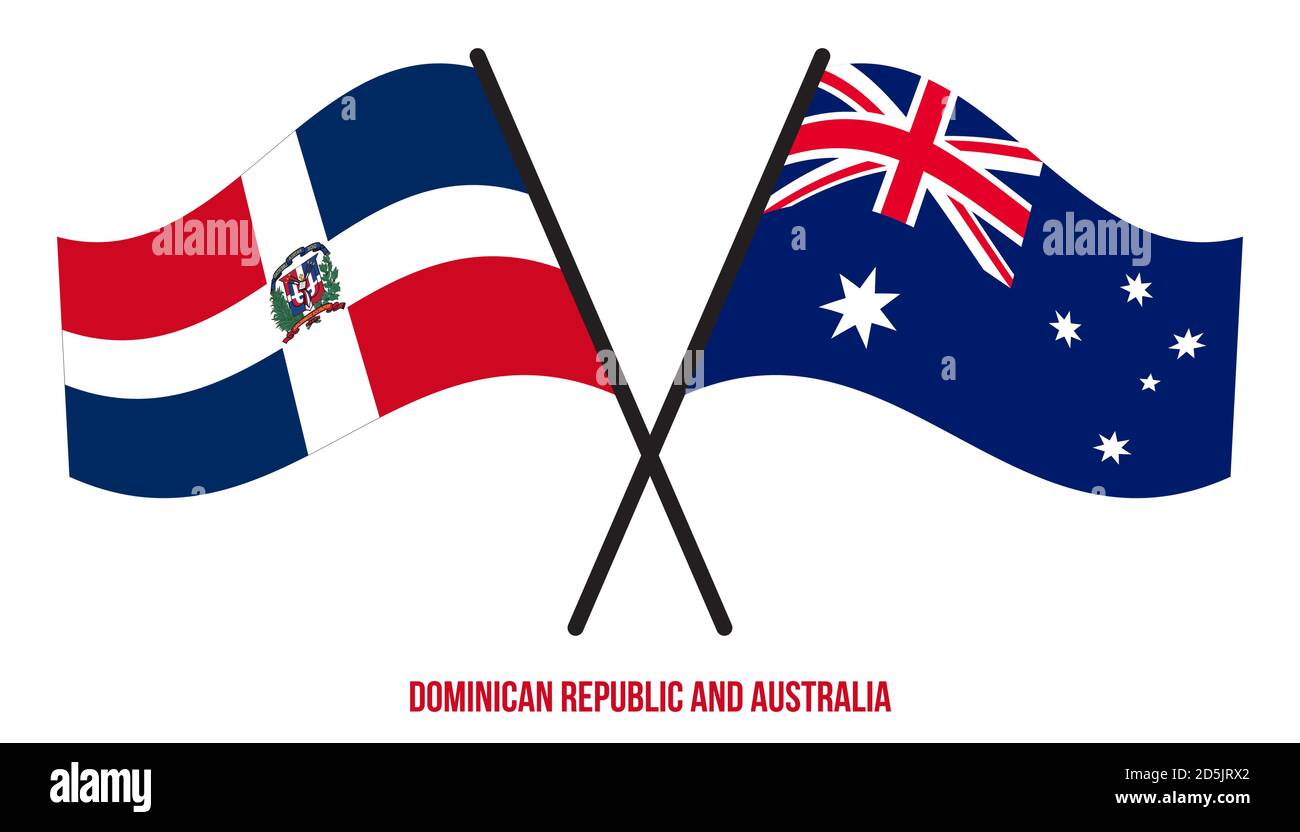 République dominicaine et Australie drapeaux croisés et ondulant le style plat. Proportion officielle. Illustration de Vecteur