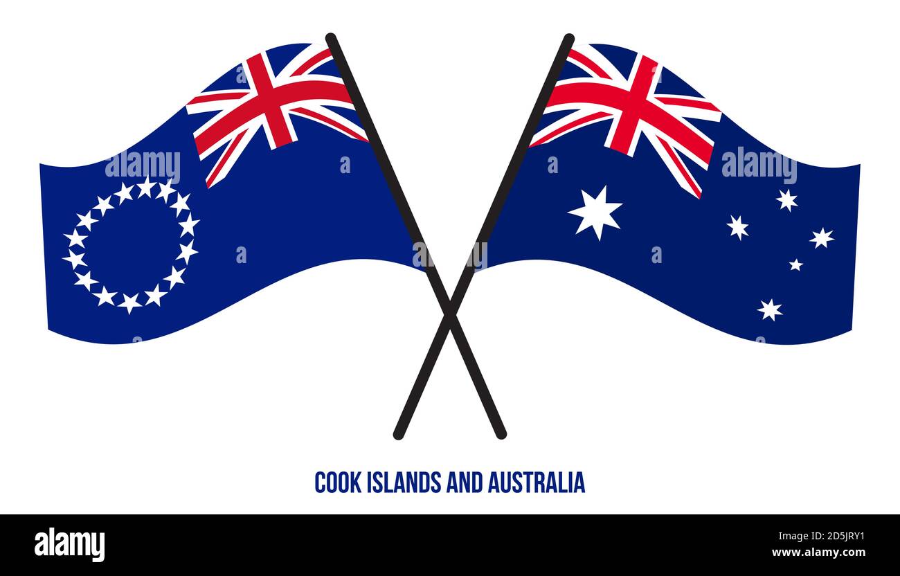Cook Islands et Australia drapeaux croisés et ondulant le style plat. Proportion officielle. Corriger les couleurs. Illustration de Vecteur