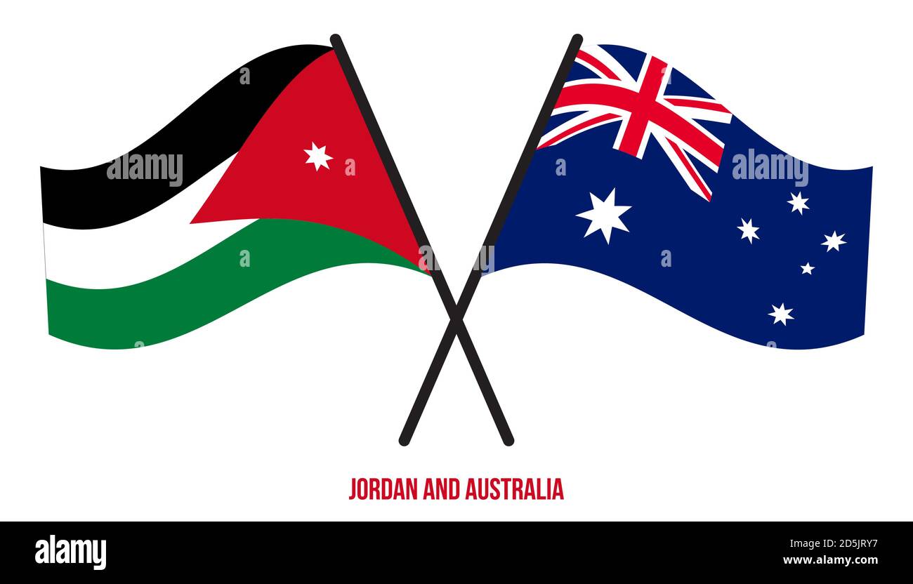 Jordan et Australia Flags ont croisé et ont fait des signes de style plat. Proportion officielle. Corriger les couleurs. Illustration de Vecteur