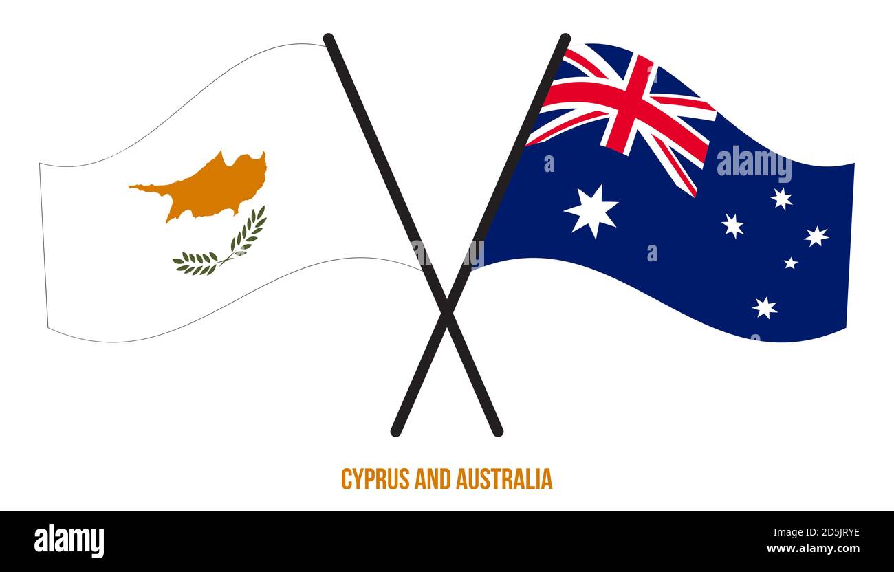 Chypre et l'Australie drapeaux croisés et ondulés de style plat. Proportion officielle. Corriger les couleurs. Illustration de Vecteur