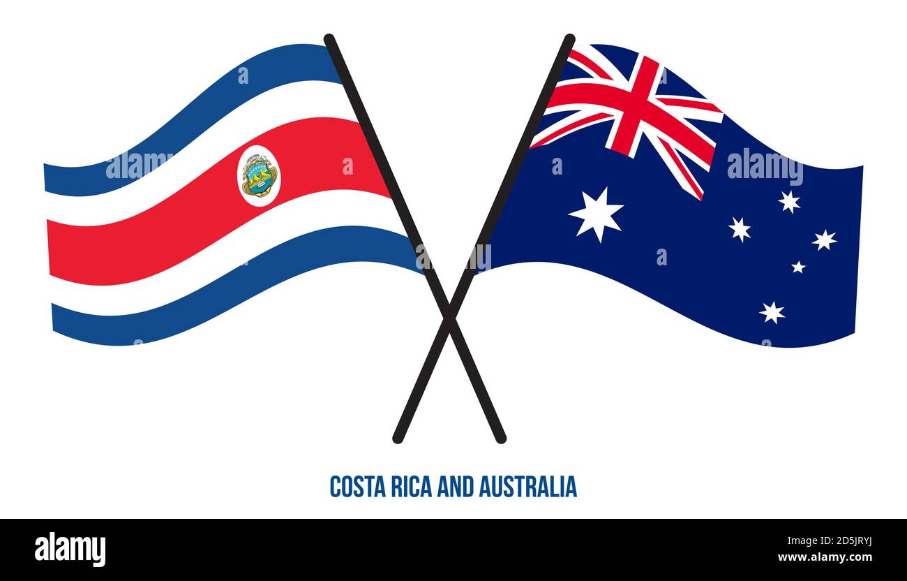Le Costa Rica et l'Australie drapeaux croisés et ondulés de style plat. Proportion officielle. Corriger les couleurs. Illustration de Vecteur