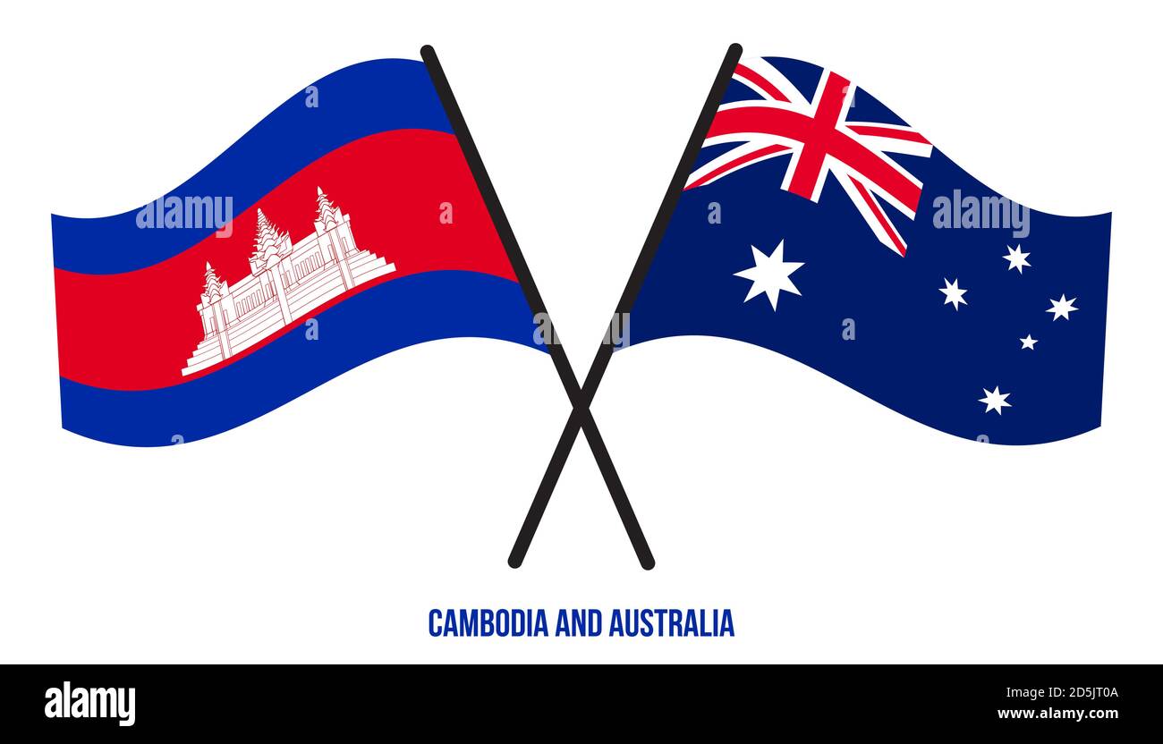 Cambodge et Australie drapeaux croisés et ondulant le style plat. Proportion officielle. Corriger les couleurs. Illustration de Vecteur