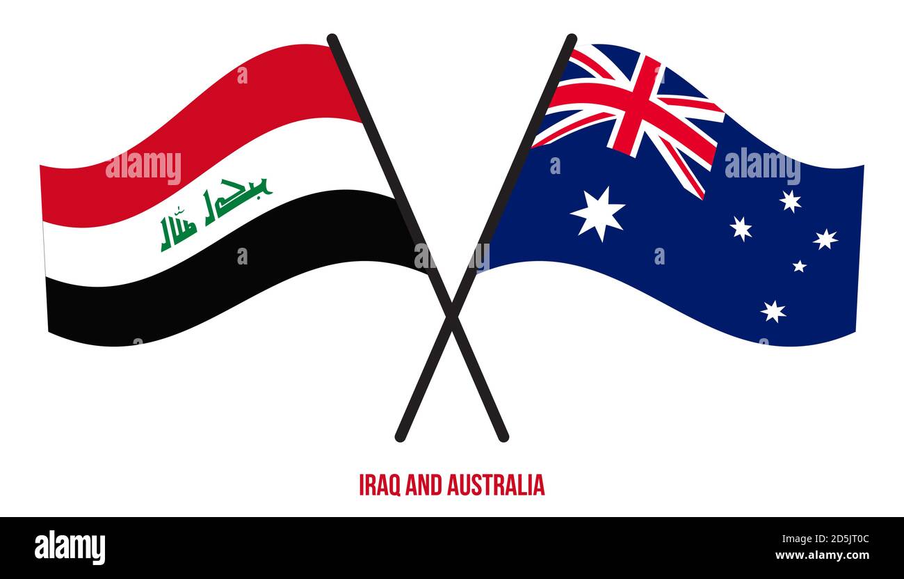 Irak et Australie drapeaux croisés et agitant le style plat. Proportion officielle. Corriger les couleurs. Illustration de Vecteur
