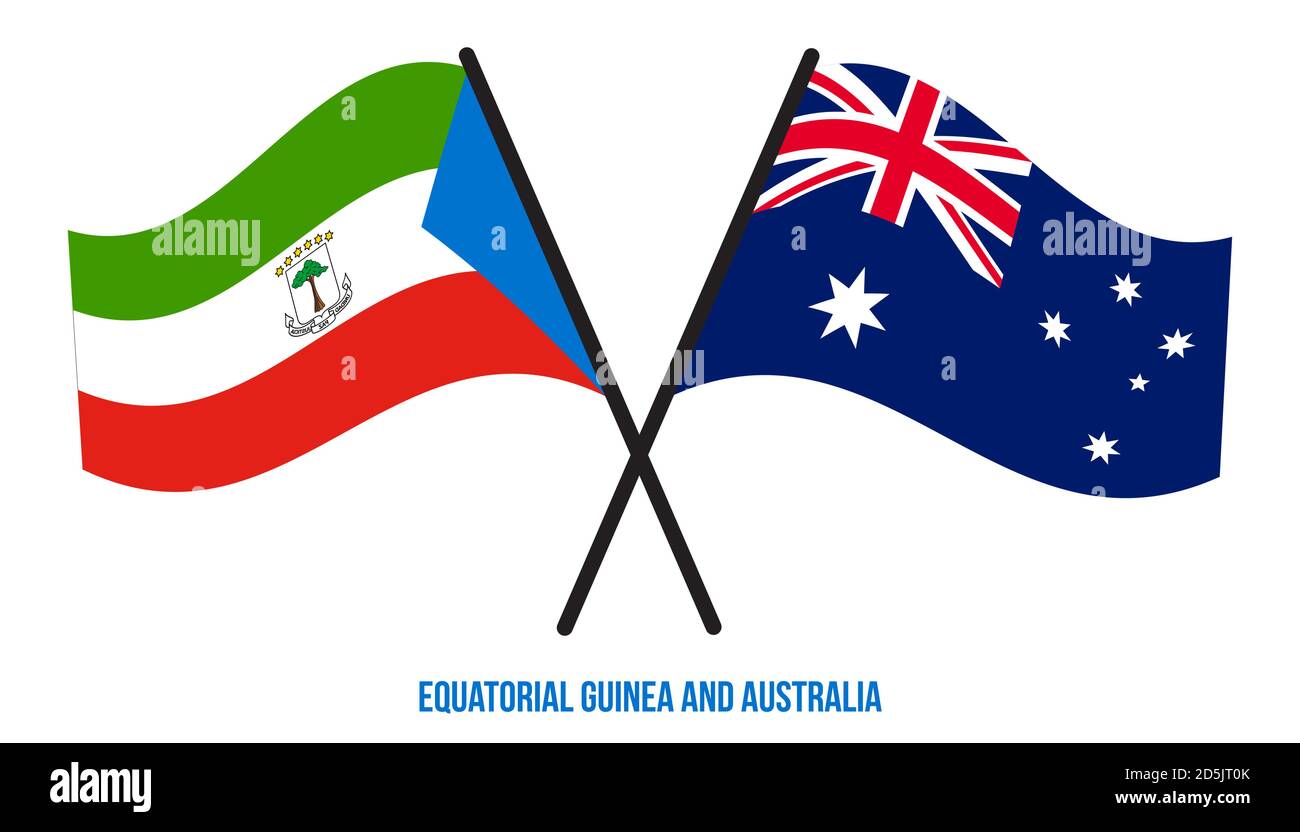 Guinée équatoriale et Australie drapeaux croisés et ondulant style plat. Proportion officielle. Illustration de Vecteur