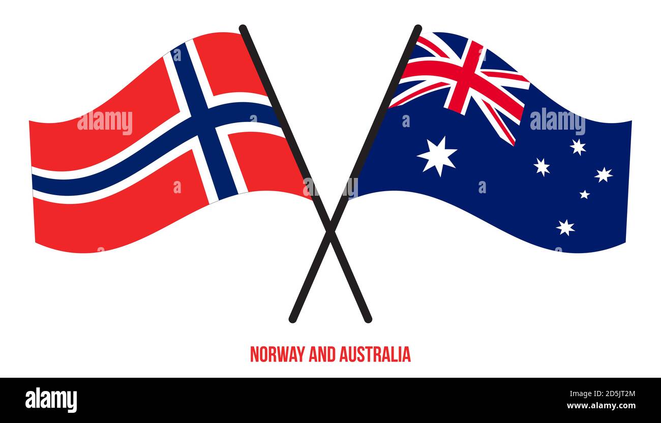 Norvège et Australie drapeaux croisés et ondulant style plat. Proportion officielle. Corriger les couleurs. Illustration de Vecteur